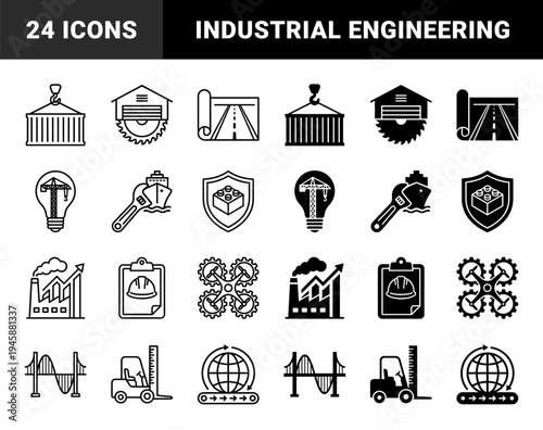 Heavy Industry and Infrastructure Hybrid Symbols featuring Construction Cranes in Lightbulbs Ship Repairs with Wrenches and Logistics Globe Belts