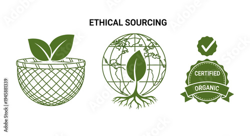 Ethical sourcing concepts showing organic agriculture global sustainability and certified badge