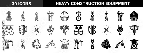 Construction and Civil Engineering Hybrid Icon Set Combining Heavy Machinery with Global Logistics Education and Safety Measurement Symbols
