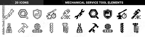 Industrial Engineering and Technical Service Icons Featuring Hybrid Tool Concepts Like Bolt Thermometer and Wrench Lightning Bolt Symbols