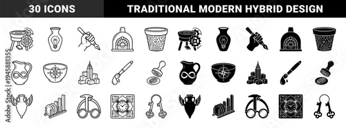 Black and white hybrid concept icons featuring creative pottery tools pottery wheel with gears light bulb vase and circuit board pattern planter