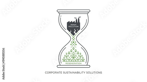Corporate sustainability solutions hourglass showing transition from heavy pollution to nature