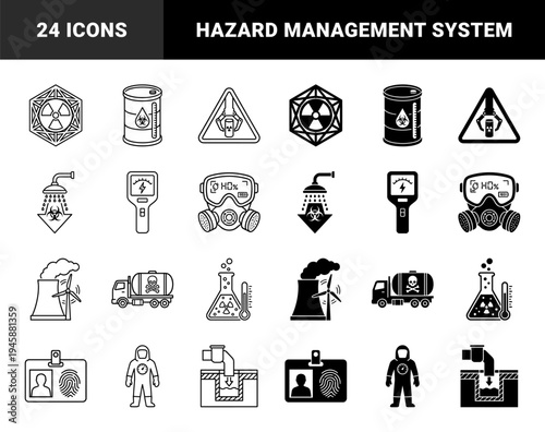 Hazardous Material and Nuclear Safety Management Icons Featuring Radiation Warning Symbols Biohazard Barrels Protective Suits and Laboratory Equipment
