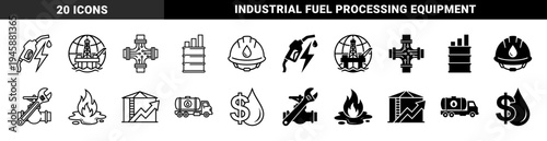 Hybrid petrochemical industry icons merging fuel nozzles with lightning bolts oil rigs with globes and pressure valves with circuit board traces