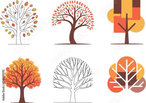 Six stylized autumn trees with different artistic and color schemes fall leaves orange