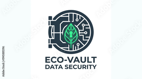 Eco vault data security logo with green leaf inside electronic circuit vault door background