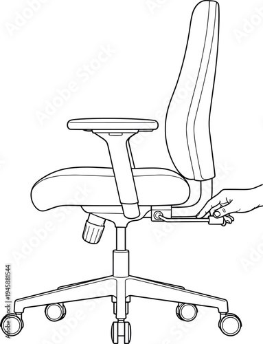 Office Chair Side View Adjustment Diagram, Ergonomic Desk Seat Manual Instruction, Furniture Assembly Guide Drawing, CAD Drawing Flat Vector Illustration, Line Art