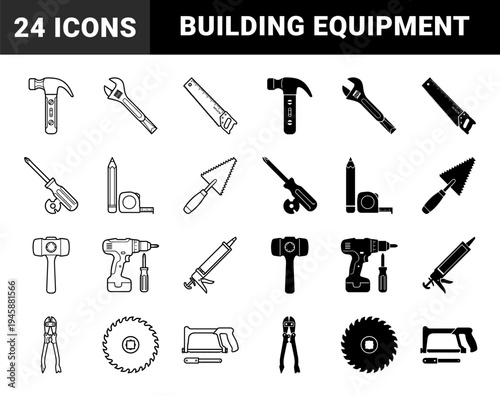 Construction and carpentry hand tool symbols featuring a hybrid dual design with integrated spirit levels and measurement scales in outline and solid styles