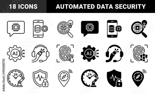 Hybrid Artificial Intelligence and Digital Security Icons Featuring Neural Processor Chatbot Data Storage Bio Metric Scanning and Automated Robotics