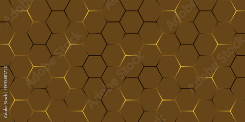 Golden hexagon structure blending technology and elegance. Luxurious honeycomb design. Abstract hexagonal with glowing nodes. Elegant honeycomb pattern featuring luminous points and highend themes