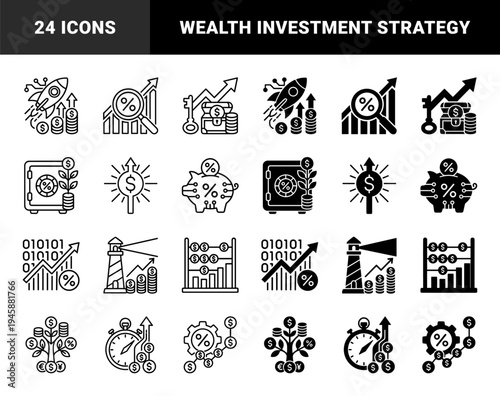 Financial Growth and Investment Strategy Hybrid Icons Merging Money Symbols with Rockets Safes Lighthouses and Data Charts in Dual Stroke Style
