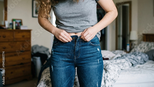 Close-up of young woman trying to button tight jeans in bedroom. Concept of weight gain, body image and restrictive clothing. Realistic lifestyle shot
