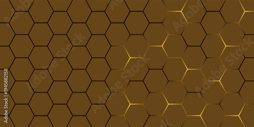 Golden hexagon structure blending technology and elegance. Luxurious honeycomb design. Abstract hexagonal with glowing nodes. Elegant honeycomb pattern featuring luminous points and highend themes
