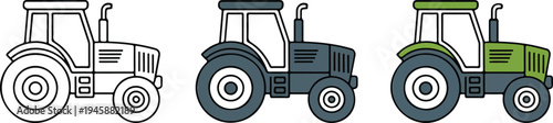 Illustration of three tractors progressing from black outline to dark gray and green full color, arranged horizontally on white background