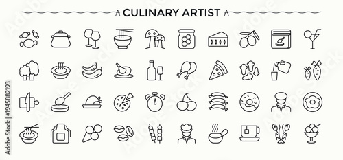 Cooking related icon set. Recipe icon set. Thin line icons set. Contain linear symbols recipe, restaurant, chef, kitchen, utensil, food and more. Editable vector stroke.