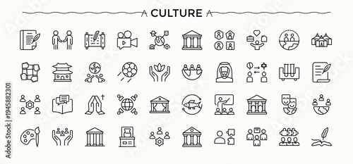 Culture icon set. Perfect for logos and infographic. Painting simple icon set. Includes symbols for art, enjoying, sculpture, musical, cinema, painting, historical and more.