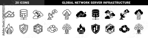 Hybrid cloud computing and data storage icons featuring integrated server hardware firewall security and global network connectivity symbols