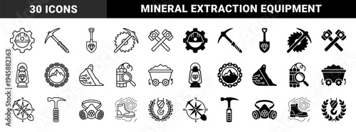 Hybrid mining and geology symbols combining industrial equipment with resource elements featuring pickaxe gear diamond and topography line art