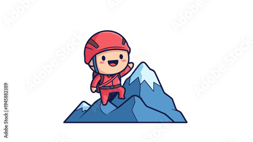 A cute cartoon illustration of a happy climber reaching the peak of a snowy mountain top summit Vector
