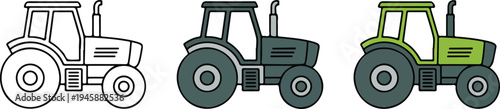 Illustration of three tractors progressing from black outline to dark gray and green full color, arranged horizontally on white background