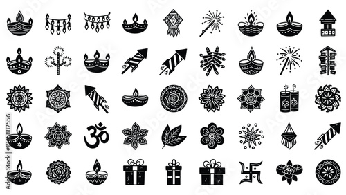 Hindu Diwali Festival Symbols Icons.