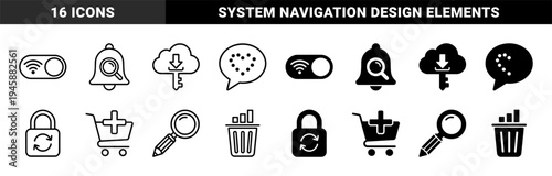 Hybrid interface icons merging system functions with symbolic metaphors including wifi toggle cloud security key and heartbeat message bubble