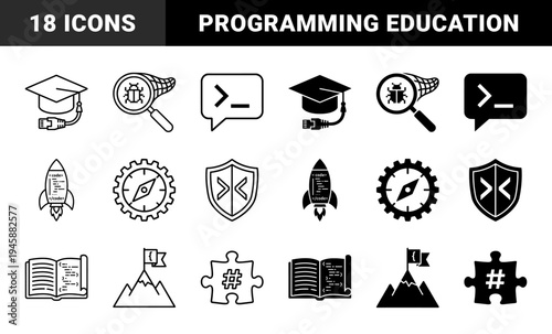 Software development and programming education icons featuring hybrid coding symbols like graduation cap with ethernet cable and rocket ship with script