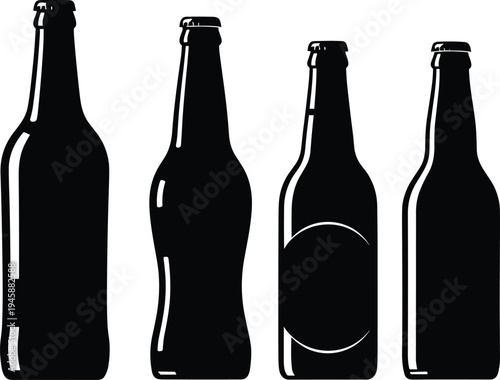 Beer bottle silhouette collection with different glass bottle shapes including classic craft beer and beverage containers isolated vector icon set on white background