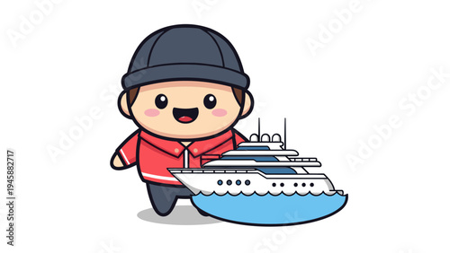 A cute cartoon character wearing a warm hat and red jacket standing next to a small white yacht Vector