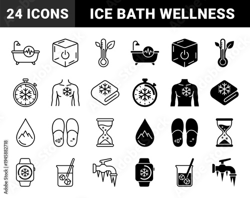 Cryotherapy and cold exposure therapy symbols featuring snowflake hybrid designs with bathtub brain heart and stopwatch elements in outline and solid styles