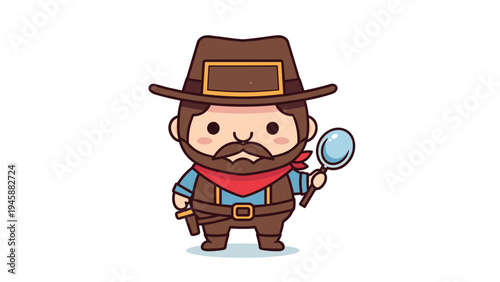 A cute cartoon illustration of a bearded cowboy detective holding a magnifying glass in his hand Vector