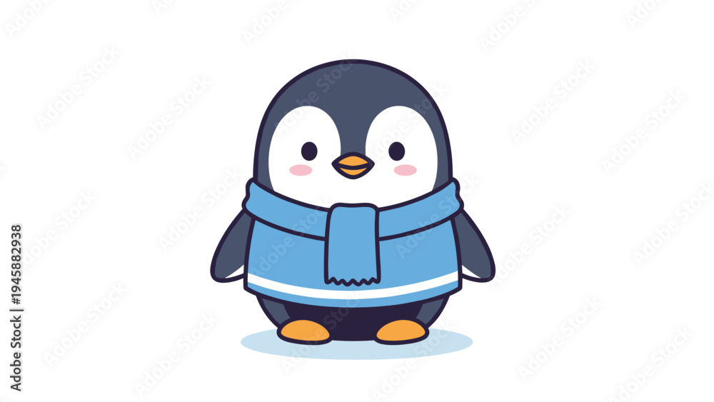 Obraz premium A cute cartoon illustration of a small penguin wearing a cozy blue winter scarf on white background Vector