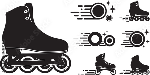 Black Inline Skate and Wheels Icon Set Graphics Design