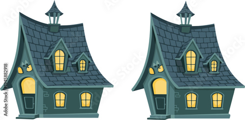 Digital illustration of two identical cartoon haunted houses with teal walls, gray shingled roofs, glowing windows, and whimsical design on white background