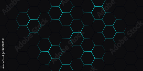 Dark hexagon abstract technology background with blue colored bright flashes under hexagon. Hexagonal gaming vector tech wide illustration.