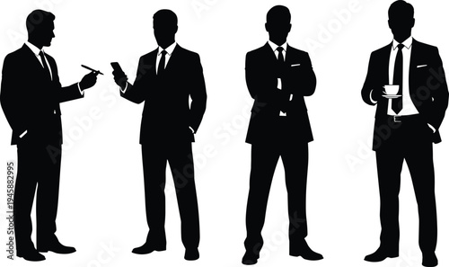 Businessmen silhouette set with professional men in suits standing, using smartphone, holding coffee cup, pointing pen and confident corporate poses isolated vector style