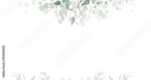 Herbal eucalyptus and gold vector banner frame. Hand painted branches, leaves on white background. Greenery wedding simple minimalist invitation. Watercolor card.All elements are isolated and editable
