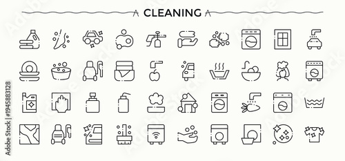 Cleaning related icon set. It contains symbols to wash, hygiene, house clean and more. Sweep icon pack. Icons for website. Editable stroke. Vector collection.