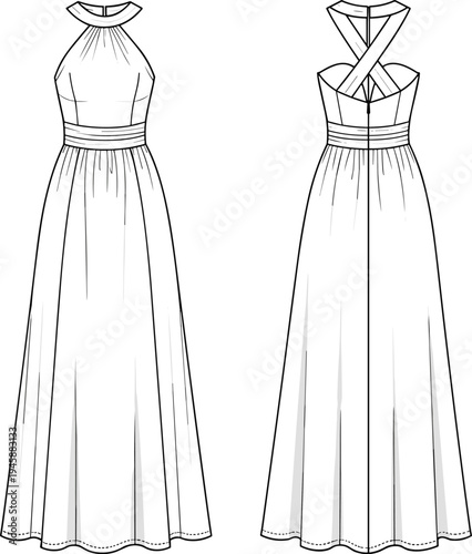 Technical Fashion Sketch of Halter Neck Maxi Dress, Front and Back View, CAD Drawing Flat Vector Illustration, Evening Gown Mockup.