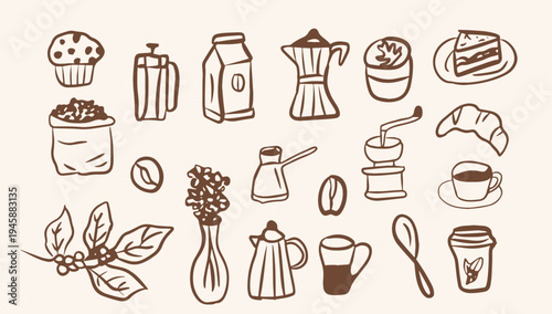 Hand Drawn Coffee Shop Elements with Drinks Beans Pastry and Brewing Tools