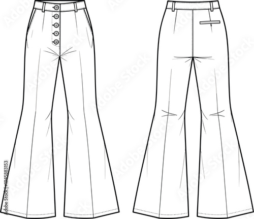 Technical Fashion Sketch of Flared Trousers, Front and Back View, CAD Drawing Flat Vector Illustration, High Waisted Pants Design Mockup.