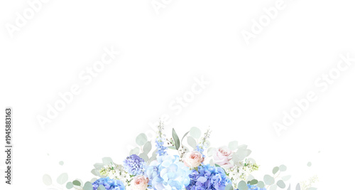 Bridgerton inspired pastel floral vector design frame. Blue delphinium, hydrangea, white peony, eucalyptus, rose, hyacinth, greenery and plants card. All flowers and branches are isolated and movable
