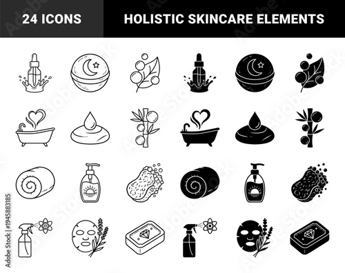 Luxury Skincare and Holistic Spa Iconography Featuring Hybrid Symbolic Mergers of Organic Ingredients with Scientific Molecular and Celestial Elements