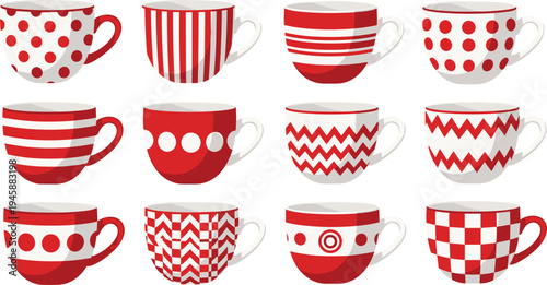 Red Pattern Coffee Cups Collection Modern Ceramic Mug Designs with Stripes Dots and Geometric Patterns Vector Illustration