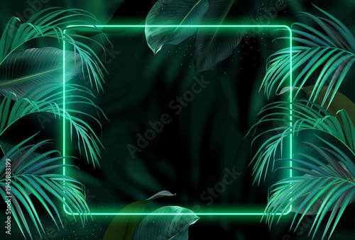 Tropical elegant frame arranged from exotic palm leaves Design vector. Paradise plant, greenery chic card. Stylish fashion banner. Neon light template. All leaves are not cut. Isolated and editable