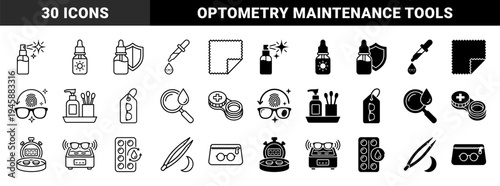 Professional Eyewear Maintenance and Contact Lens Care Collection Featuring Hybrid Symbols for Optometry Hygiene and Vision Protection Solutions