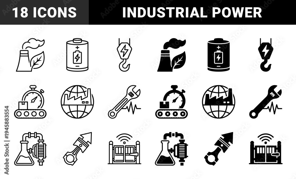 Fototapeta premium Industrial Manufacturing and Sustainable Energy Hybrid Icons Merging Factory Plants with Leaves Battery Storage and Automated Production Systems