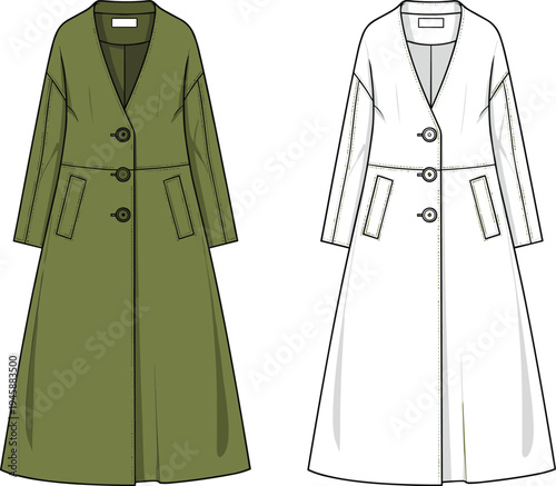 Technical Fashion Sketch of Long Winter Coat, Front View, Olive and White Mockup, CAD Drawing Flat Vector Illustration, Outerwear Design.