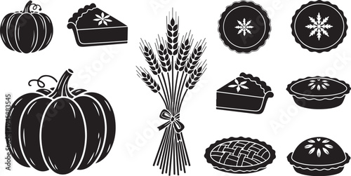 Black and white Thanksgiving icons and food illustrations set