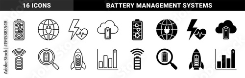 Hybrid energy and power management icons merging battery levels with industrial gears globe plugs cloud storage data charts and rocket launches